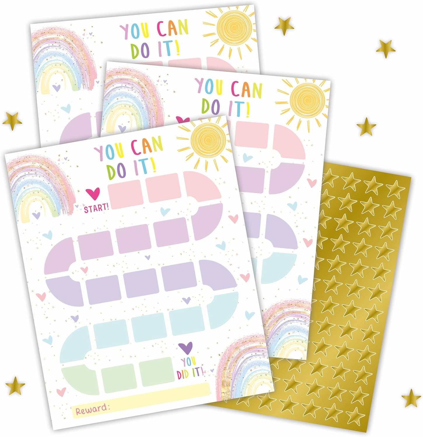 10 Reward Chart with 206 Golden Star Stickers-Boho Rainbow Theme -Incentive Chart,Positive Behavior Reward Chart for Kids,Toddler Homework Assignments, Attendance(8"X10")-A03