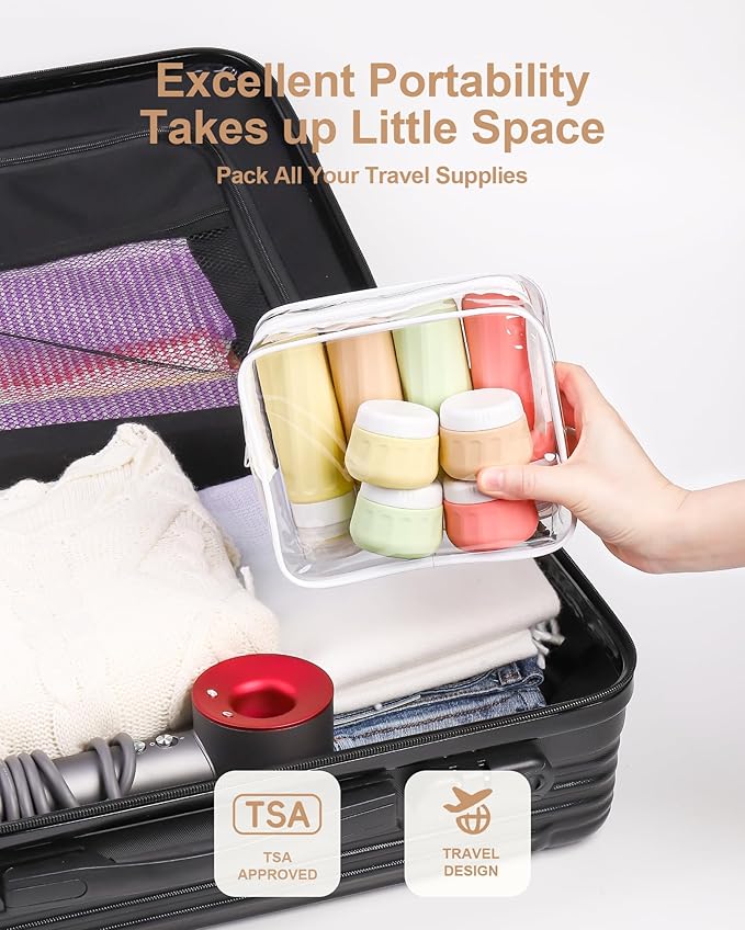Travel Bottles for Toiletries 8 Pack, Travel Size Toiletries, Tsa Approved Travel Size Containers 3oz, with Travel Essentials Clear Bag, Leak Proof Silicone Squeezable Creams Jars