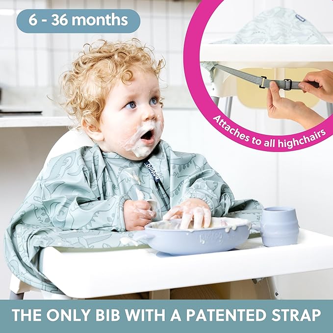 BIBaDO - Long Sleeve Baby Bibs - Babies & Toddlers 6-36 Months - Coverall Baby Led Weaning Bib - Easy Wipe, Soft & Waterproof