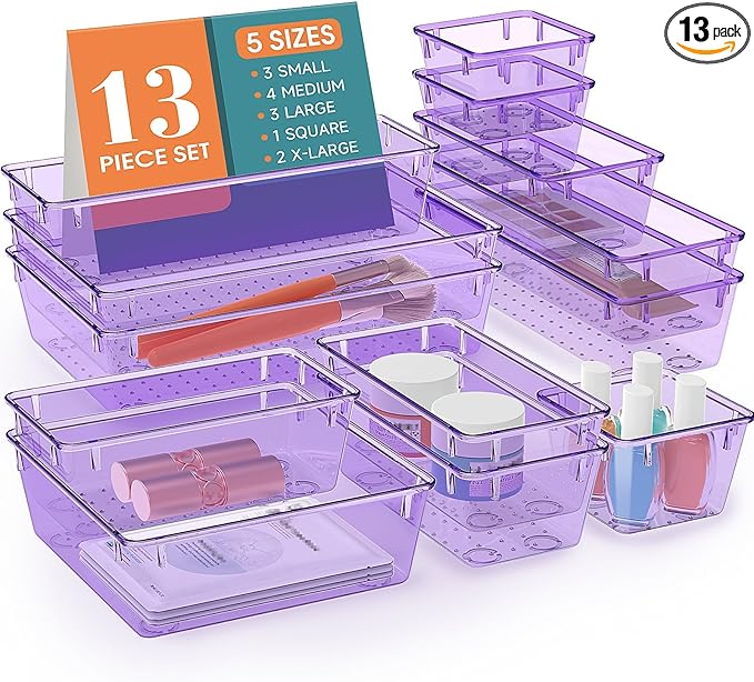 13 PCS Drawer Organizer Set, 5 Varied Size Bathroom and kitchen Drawer cabinet organizer Trays, Clear Storage Bins for Makeup, Jewelry, Utensils and Gadgets, Purple