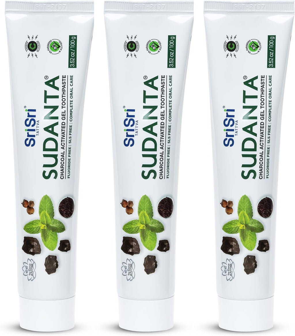 Sri Sri Tattva Sudanta Charcoal Toothpaste Gel – SLS, Fluoride Free Herbal Toothpaste with Neem & Ayurvedic Herbs – Natural Teeth Whitening, Fresh Breath, Oral & Gum Health – 100g Tube (Pack of 3)
