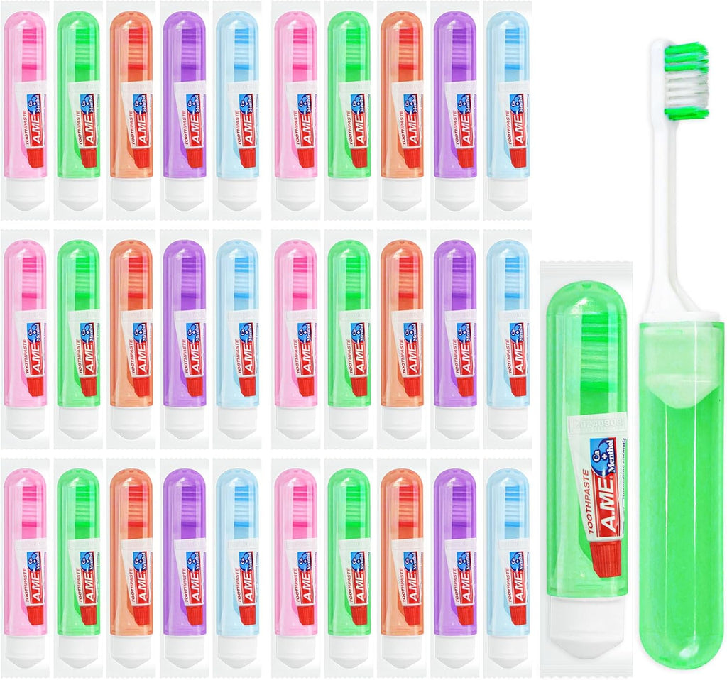Twoworld Traveling Toothbrush and Toothpaste 3gram, Disposable Mini Toothbrush With Cover, Bulk Folding Toothbrushes Camping Hiking (50 Count)
