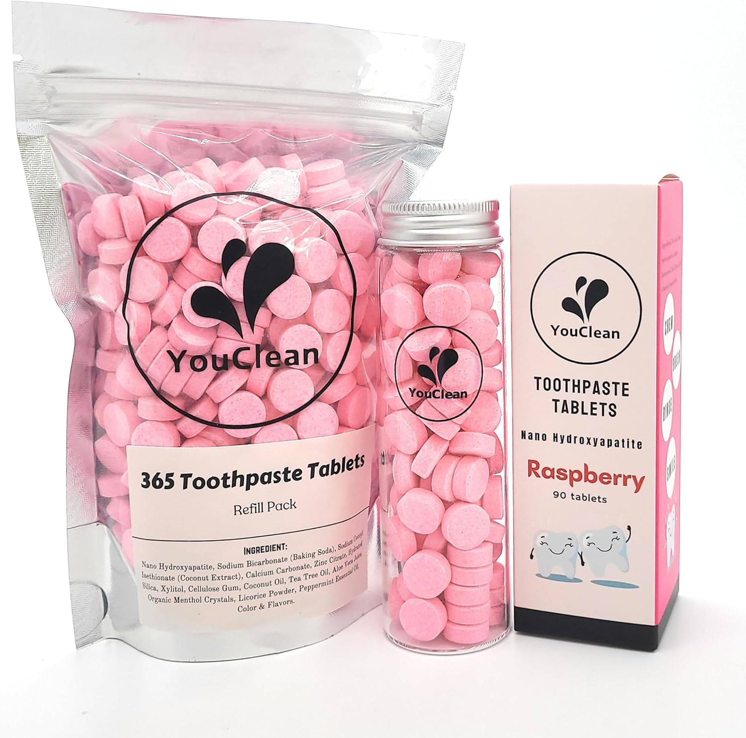 Refill Pack - 365 Toothpaste Tablets - Natural Remineralization & Whitening with Nano Hydroxyapatite - Travel or Daily Use - Fluoride Free (Raspberry)