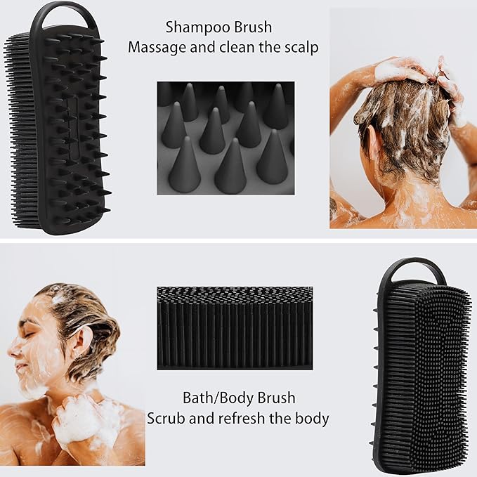 2 PC Silicone Body Scrubber, 2 in 1 Exfoliating Shower Bath Scrubber, Soft Silicone Loofah for Sensitive Skin, Shower Hair Scalp Massager, Easy to Clean, Lather Well (Grey&Black)