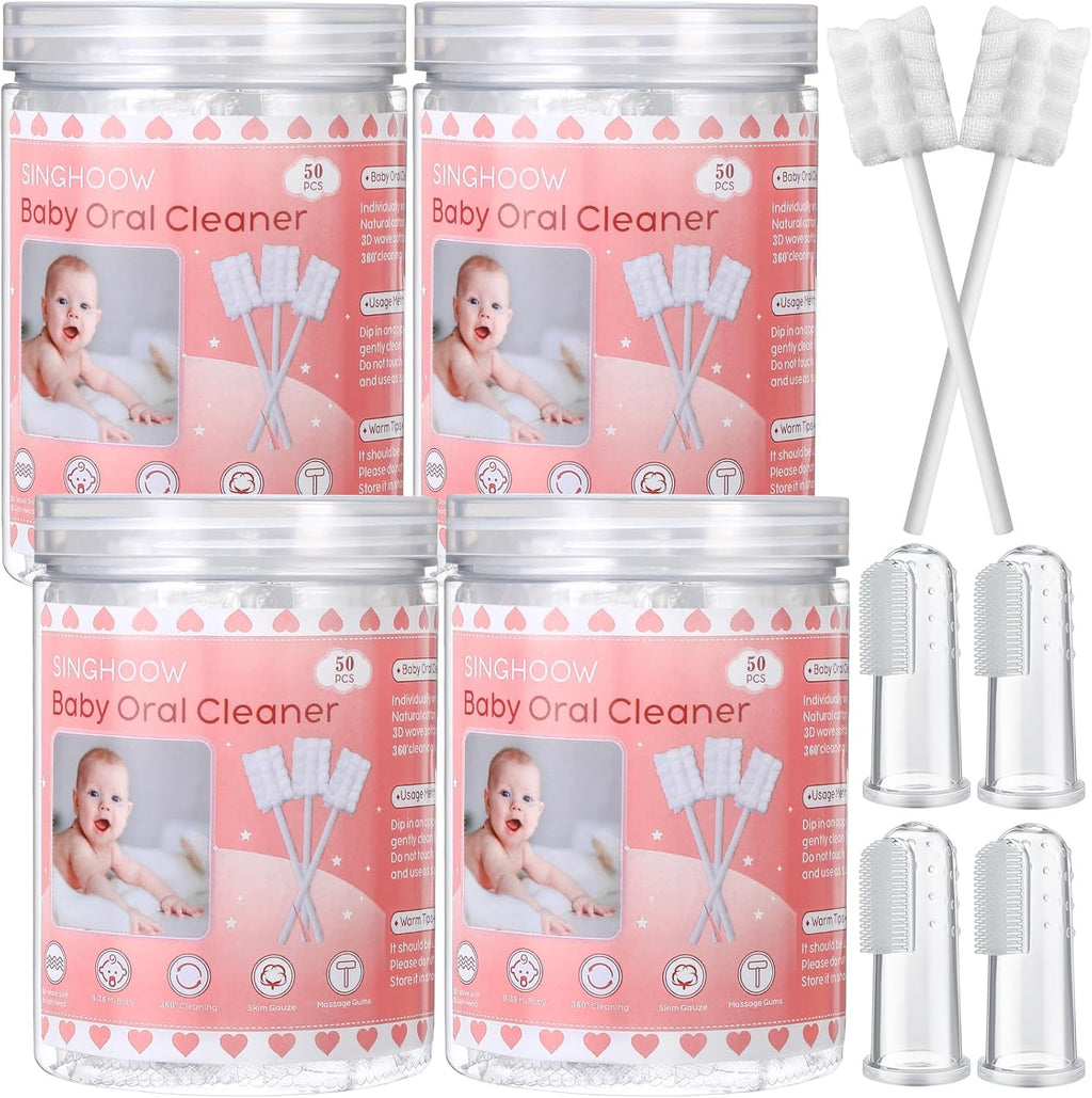 200 Pieces Baby Tongue Cleaner Disposable Infant Oral Cleaner with 4 Pieces Finger Toothbrush Soft Gauze Baby Mouth Newborn for Tooth Mouth Gum Dental Care(Pink)