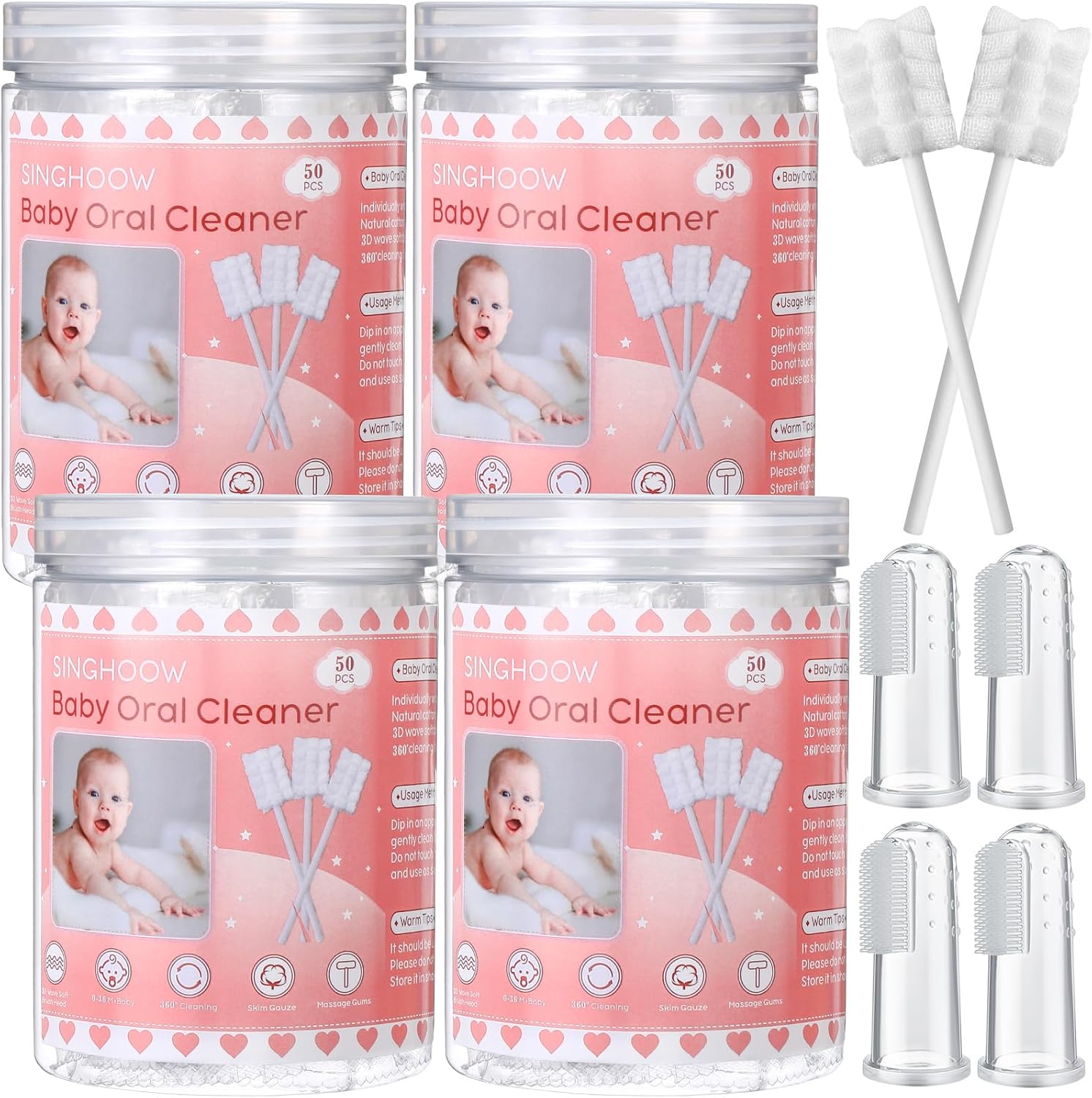 200 Pieces Baby Tongue Cleaner Disposable Infant Oral Cleaner with 4 Pieces Finger Toothbrush Soft Gauze Baby Mouth Newborn for Tooth Mouth Gum Dental Care(Pink)