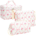 PAZIMIIK 3PCS Makeup Bag SET Large Travel Quilted Zipper Soft Cosmetic Case Pouch for Women Girls Make Up,Bow Rose