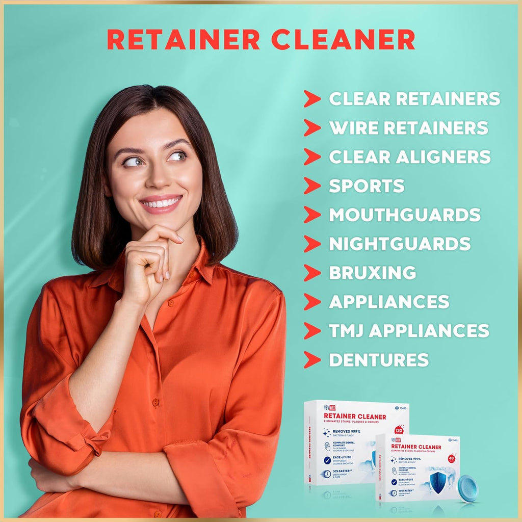 Retainer Cleaner Tablets - 120 Tablets (4 Months Supply) - Denture Cleaning, Removes Stains & Odours, Freshens Aligners, Mouthguards, Nightguards - Perfect for Ultrasonic Retainer Cleaner