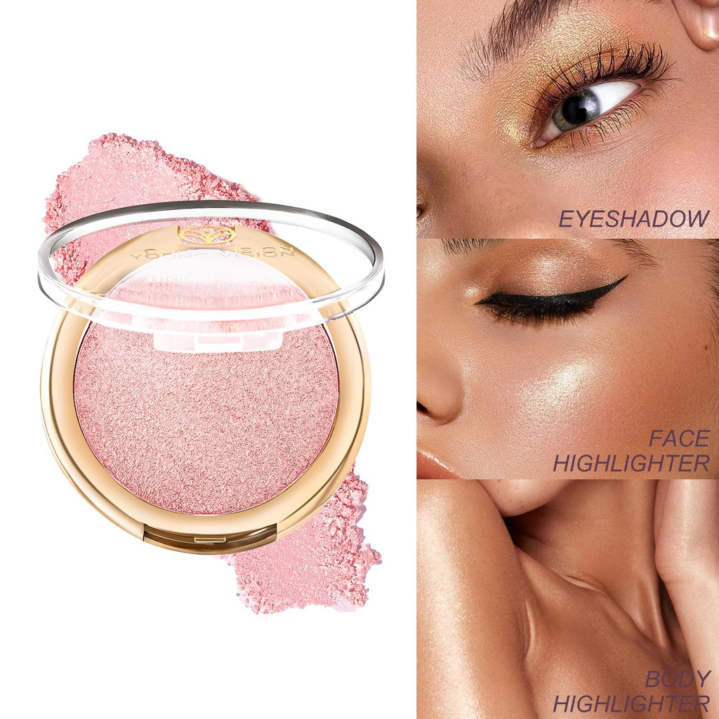 YOUNG VISION Pressed Powder Highlighter, Baked Natural Glow Contour Powder & Face Highlighter, Cruelty-Free, Shimmer Highlighting Makeup for Face, Eye, Eyeshadow, Body, Skin (Pink)