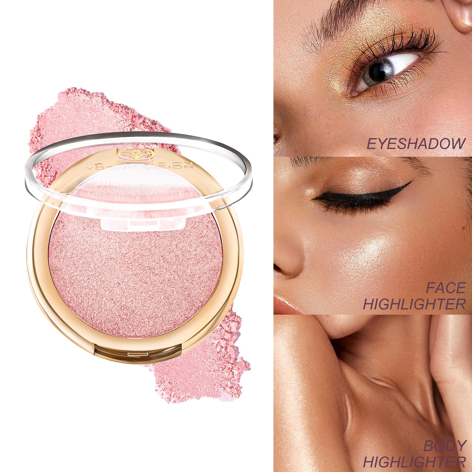 YOUNG VISION Pressed Powder Highlighter, Baked Natural Glow Contour Powder & Face Highlighter, Cruelty-Free, Shimmer Highlighting Makeup for Face, Eye, Eyeshadow, Body, Skin (Pink)