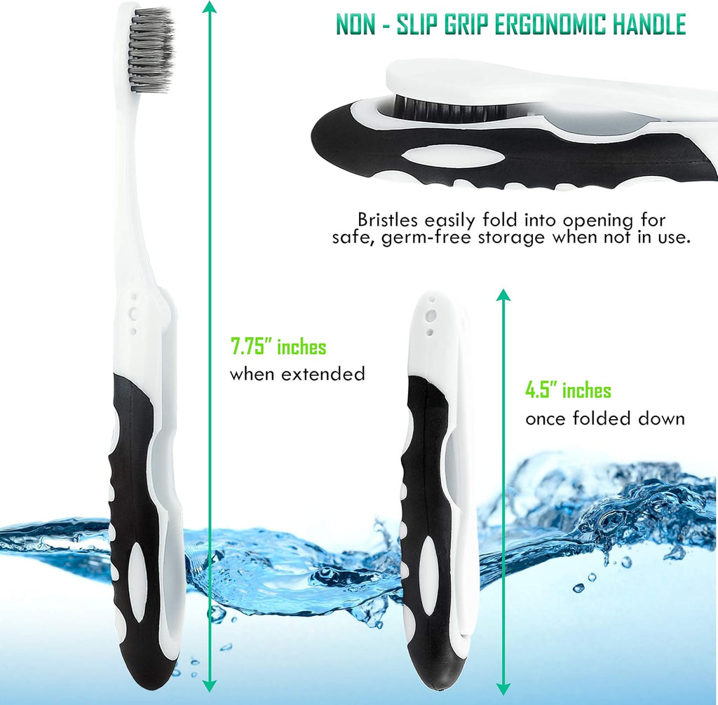 Lingito Folding Toothbrush with Built-in Cover - Travel Size, Collapsible, Soft-Charcoal (6 Pack)