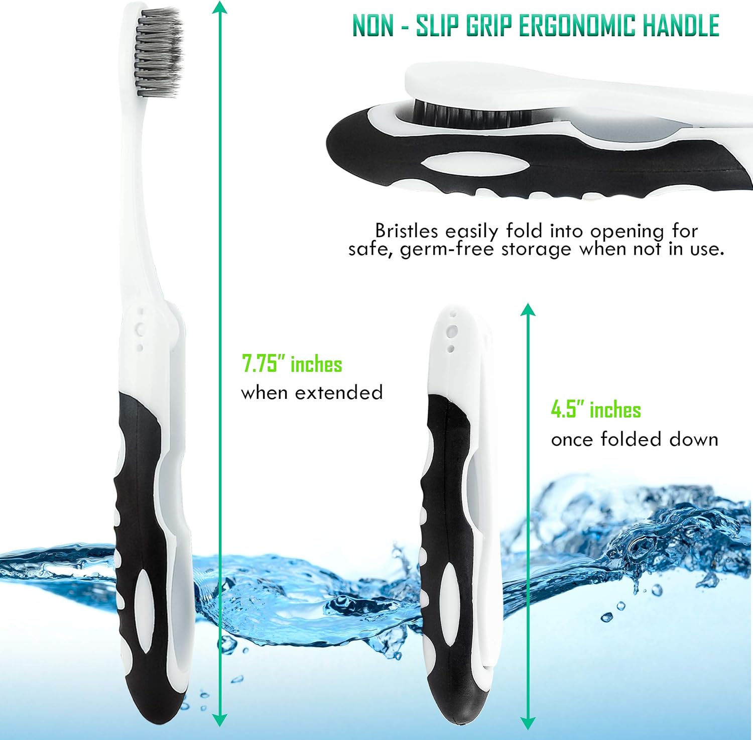 Lingito Folding Toothbrush with Built-in Cover - Travel Size, Collapsible, Soft-Charcoal (6 Pack)