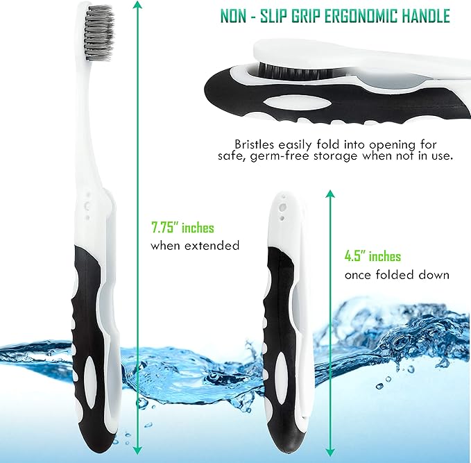 Lingito Folding Toothbrush, Built-in Cover, Travel Size for Hiking, Camping, Traveling, Collapsible Toothbrush Kit (3 Pack Soft-Charcoal)