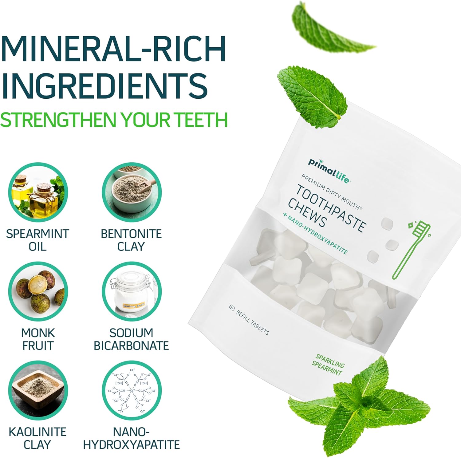 Primal Life Organics Premium Dirty Mouth Toothpaste Chews – Nano-Hydroxyapatite Whitening Toothpaste Tablets for Adults - Gluten Free, Vegan, Paleo - 60 Tablets in Bag - Sparkling Spearmint