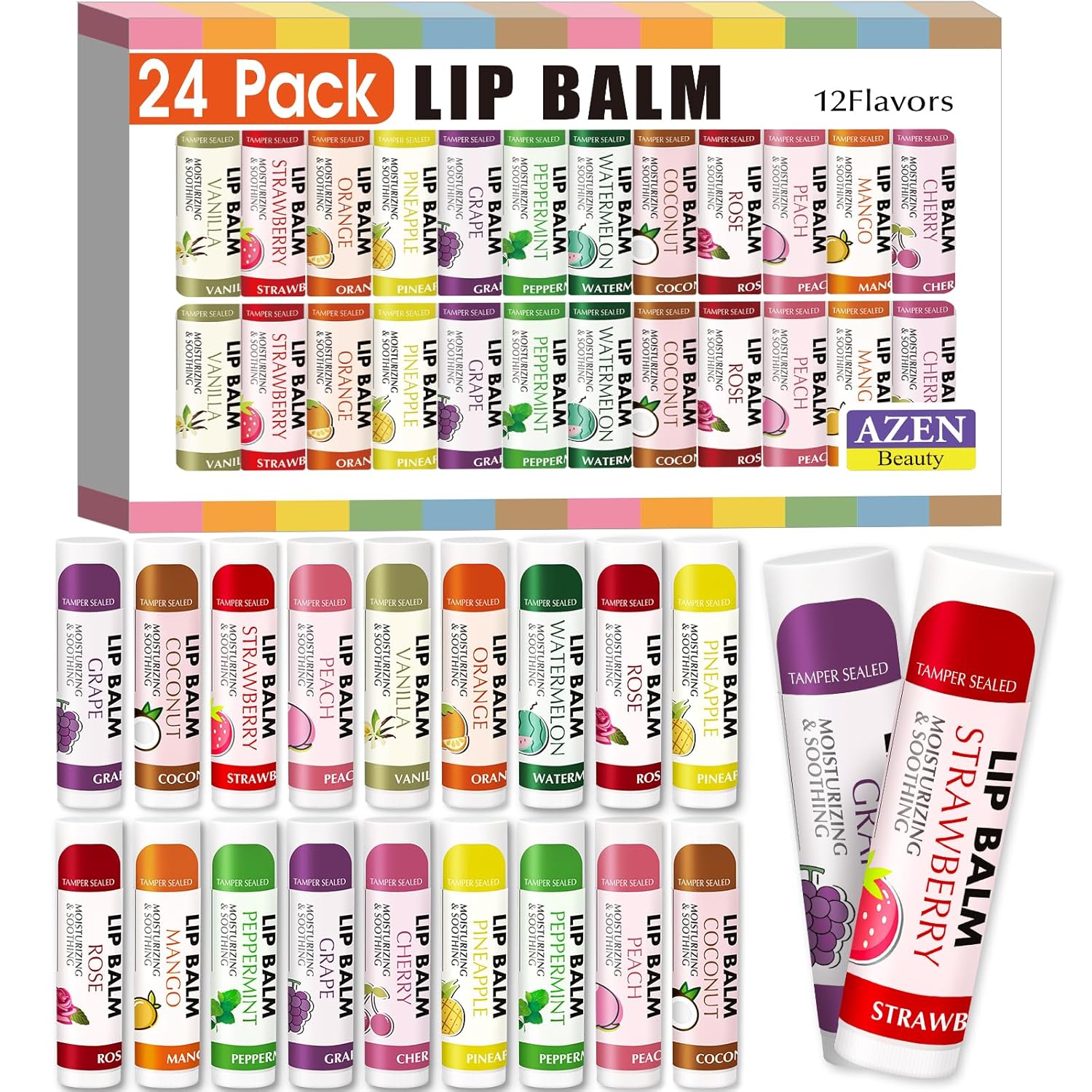 AZEN 24 Pack Lip Balm, Natural Lip Balm Bulk, Lip Care Product, Moisturizing Lip Balms for dry cracked lips - 12 Flavors