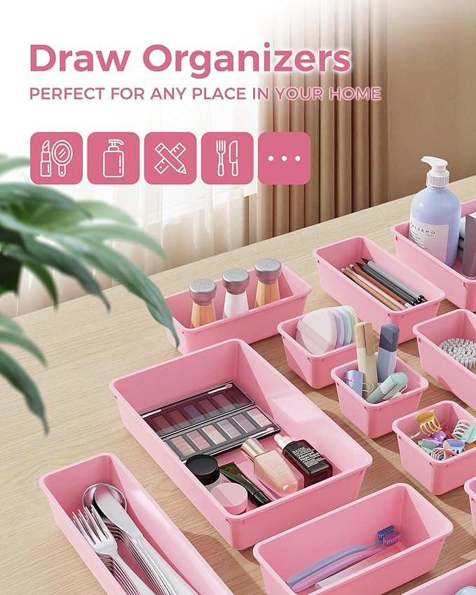 25 PCS Plastic Drawer Organizers Set, 4-Sizes Vanity and Makeup Organizer, Desk and bathroom Drawer Organizer Trays, Organizers and Storage for Makeup, Jewelry, Gadgets, Utensils (Pink)