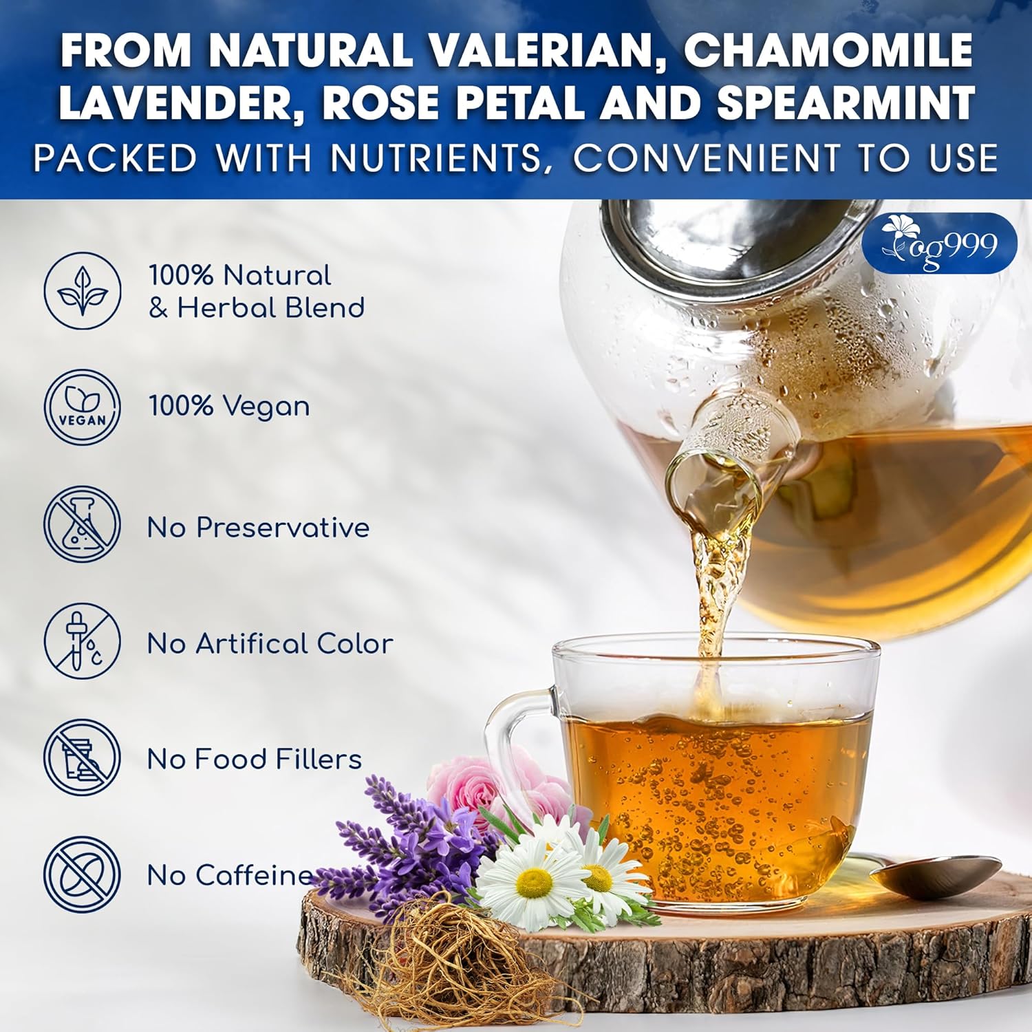 TOG999, Premium Valerian Dream Tea Bags | 60 Count | Herbal Blend with Valerian Root, Chamomile, Lavender, Rose Petal & Spearmint | Naturally Caffeine-Free, Relaxing Evening Tea. Vegan