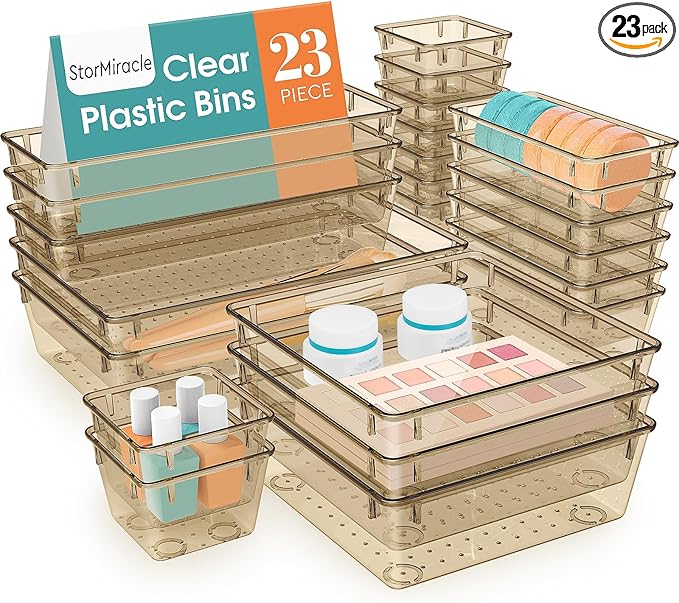 23 PCS Drawer Organizer Set, 5 Varied Size Bathroom and kitchen Drawer cabinet organizer Trays, Clear Storage Bins for Makeup, Jewelry, Utensils and Gadgets, Champagne