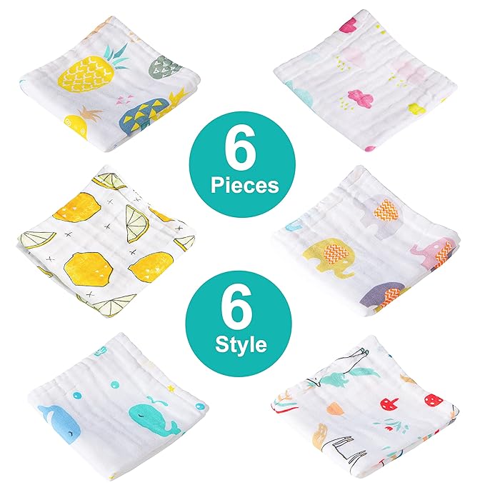 NTBAY 6 Pack Baby Muslin Washcloths, 6 Layers Natural Cotton Newborn Baby Face Towel with Animals Printed Design, Soft and Breathable Reusable Wipes and Shower Gift for Baby Registry, 10x10 inches