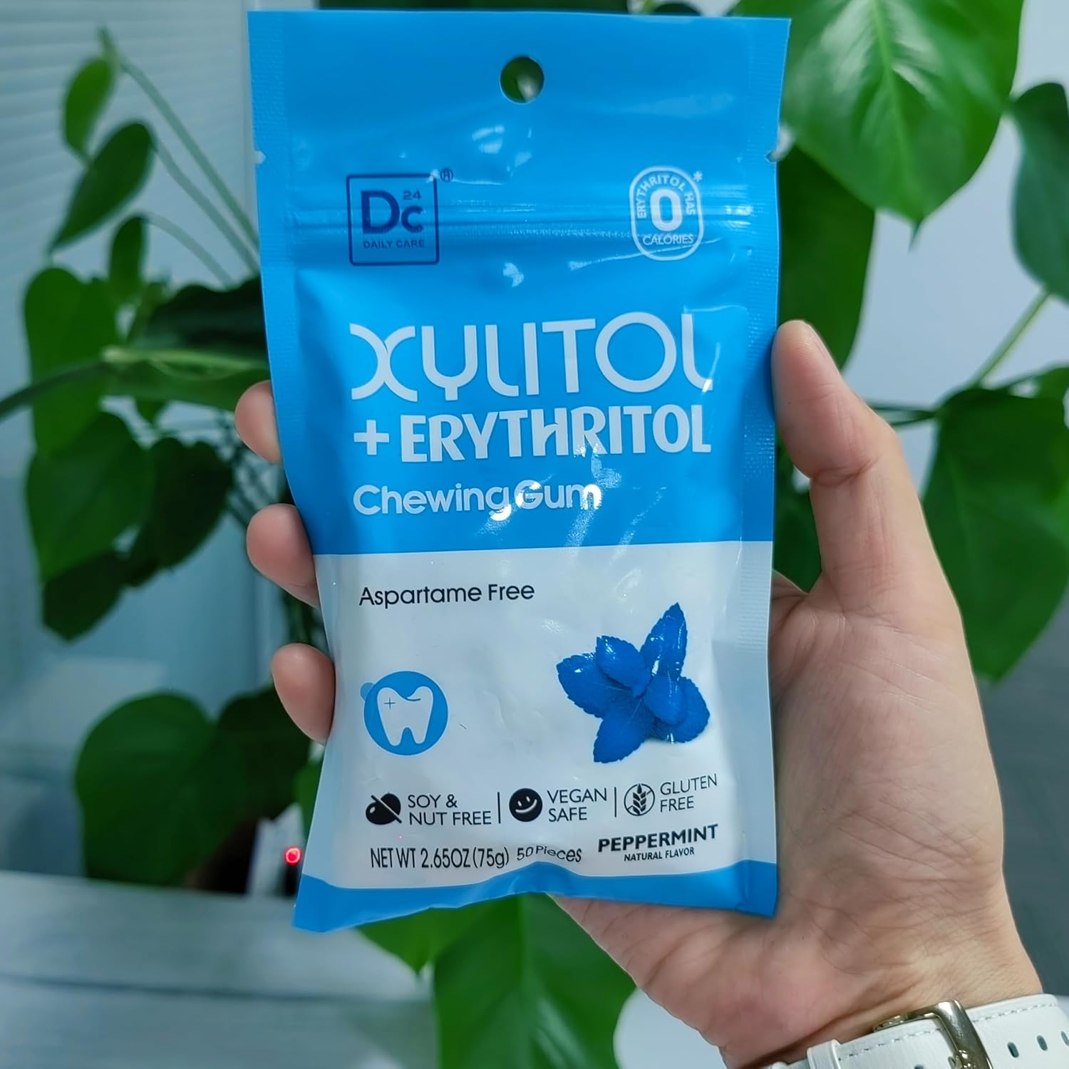 DC24 DAILY CARE Gum, Aspartame Free & Sugar Free Gum, Xylitol Chewing Gum with Erythritol, Low-Calorie, Sugarless, Natural Peppermint, 50 Pieces (Pack of 3)