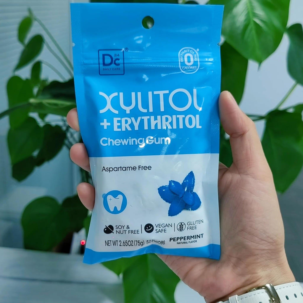 DC24 DAILY CARE Gum, Aspartame Free & Sugar Free Gum, Xylitol Chewing Gum with Erythritol, Low-Calorie, Sugarless, Natural Peppermint, 50 Pieces (Pack of 2)