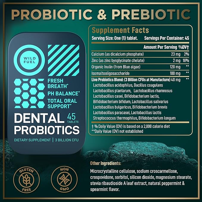 WILD FUEL Oral Probiotics for Teeth, Bad Breath, Gum Health - 3bn CFU K12 Lactobacillus Paracasei, Salivarius Dental Probiotic - Oral Probiotic Mints - 90 Fresh Breath Mint Dental Probiotics Tablets