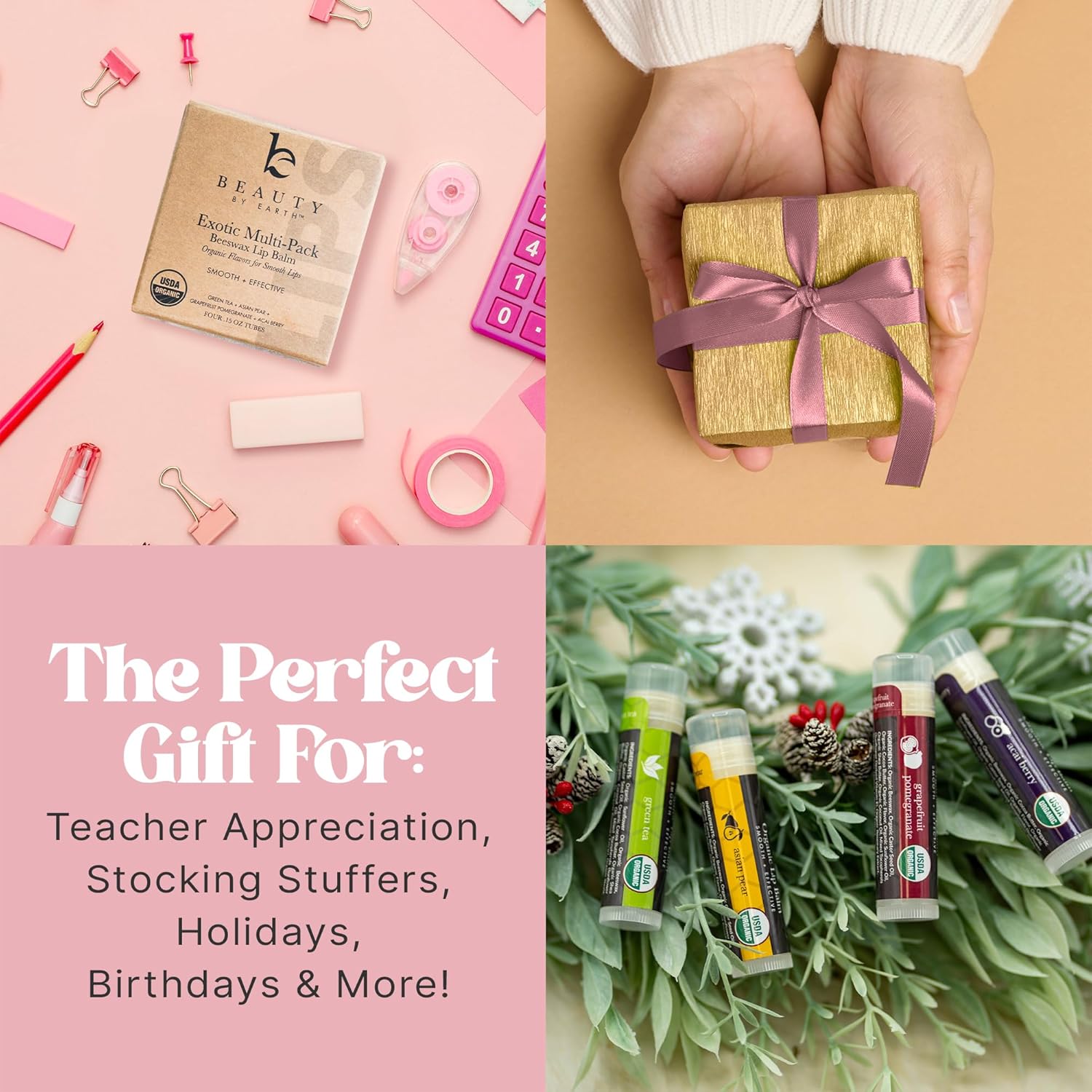 USDA Organic Lip Balm - USA Made with Natural Ingredients, Stocking Stuffers for Women & Men, 4 Pack Multi Flavor Lips Moisturizer, Beauty & Small Birthday Gifts, Chapstick Care for Dry Lips