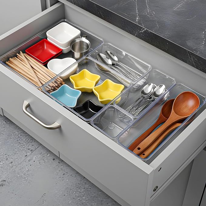16 Pack Plastic Drawer Organizers Set, 5-Size Kitchen and Office Desk Drawer Organizer Trays, Acrylic Non Slip Storage Bin Divider for Makeup,Jewelry,Gadgets Utensils,Bedroom,Bathroom Vanity,Clear