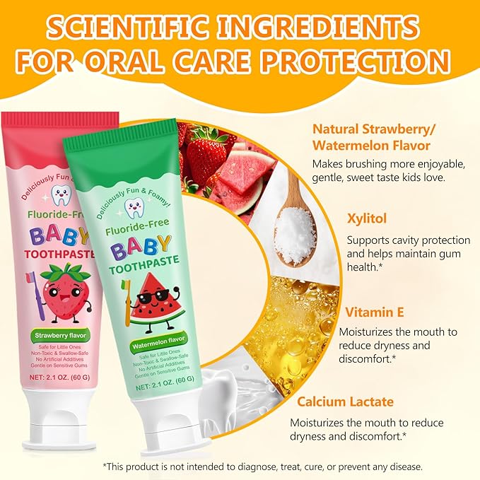 2PACK Kids Toothpaste Watermelon and Strawberry Flavor, Swallowable Toothpaste with xylitol and Vitamin E, Fights Plaque, Designed for Children, 2.1OZ