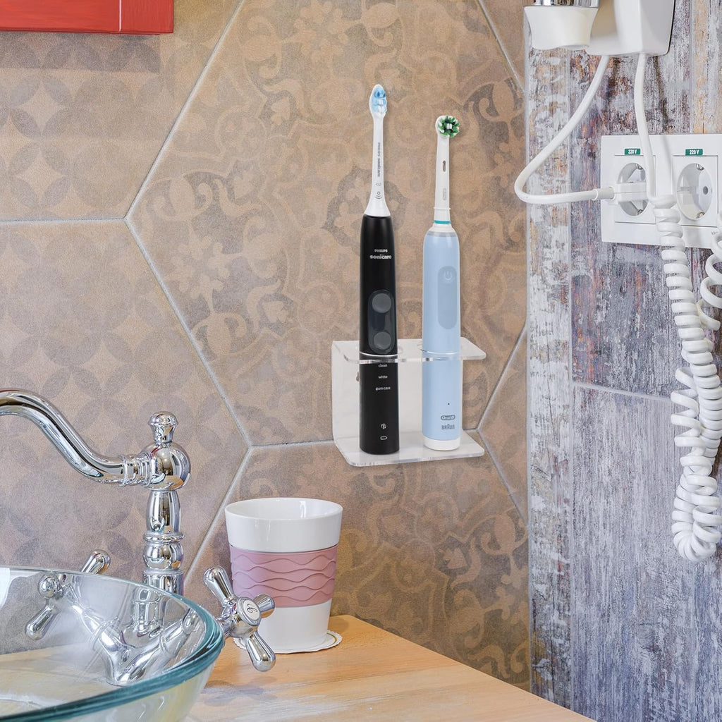 2 Pack Self Adhesive Toothbrush Holders Wall Mounted, 2 Slots Electric Toothbrush Organizer for Shower, Toothbrush Hanger for Bathroom, Medicine Cabinet, Dorm