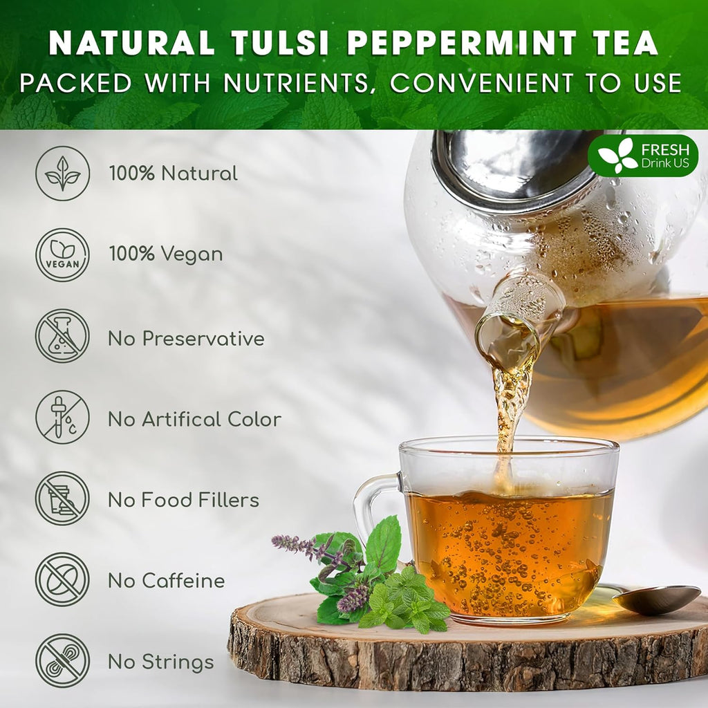 FreshDrinkUS, Premium Tulsi Peppermint Herbal Tea – 135 Tea Bags, 100% Natural, Blend of Tulsi Holy Basil Leaves, and Peppermint Leaves. Made with Natural Material Tea Bags. No Sugar, Vegan.