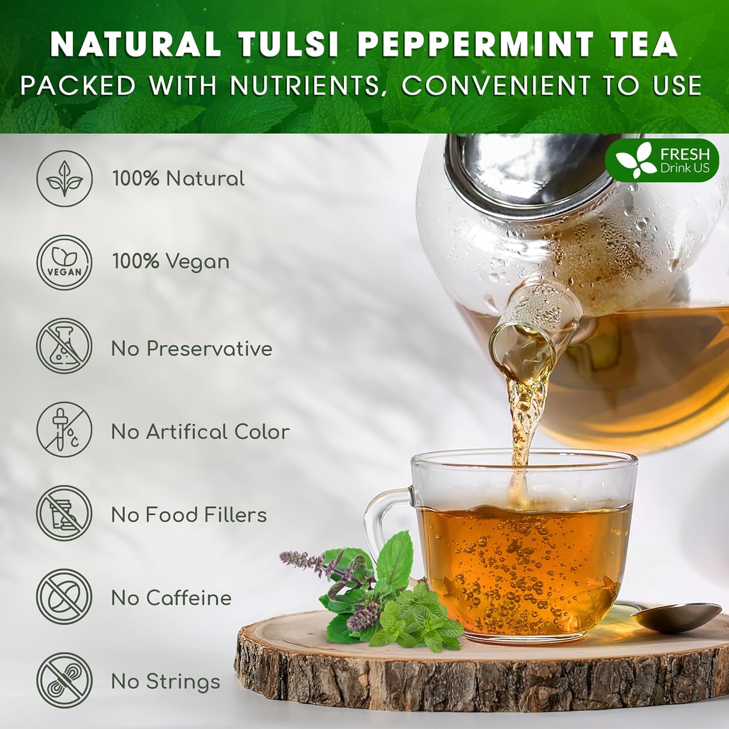 FreshDrinkUS, Premium Tulsi Peppermint Herbal Tea – 55 Tea Bags, 100% Natural, Blend of Tulsi Holy Basil Leaves, and Peppermint Leaves. Made with Natural Material Tea Bags. No Sugar, Vegan.