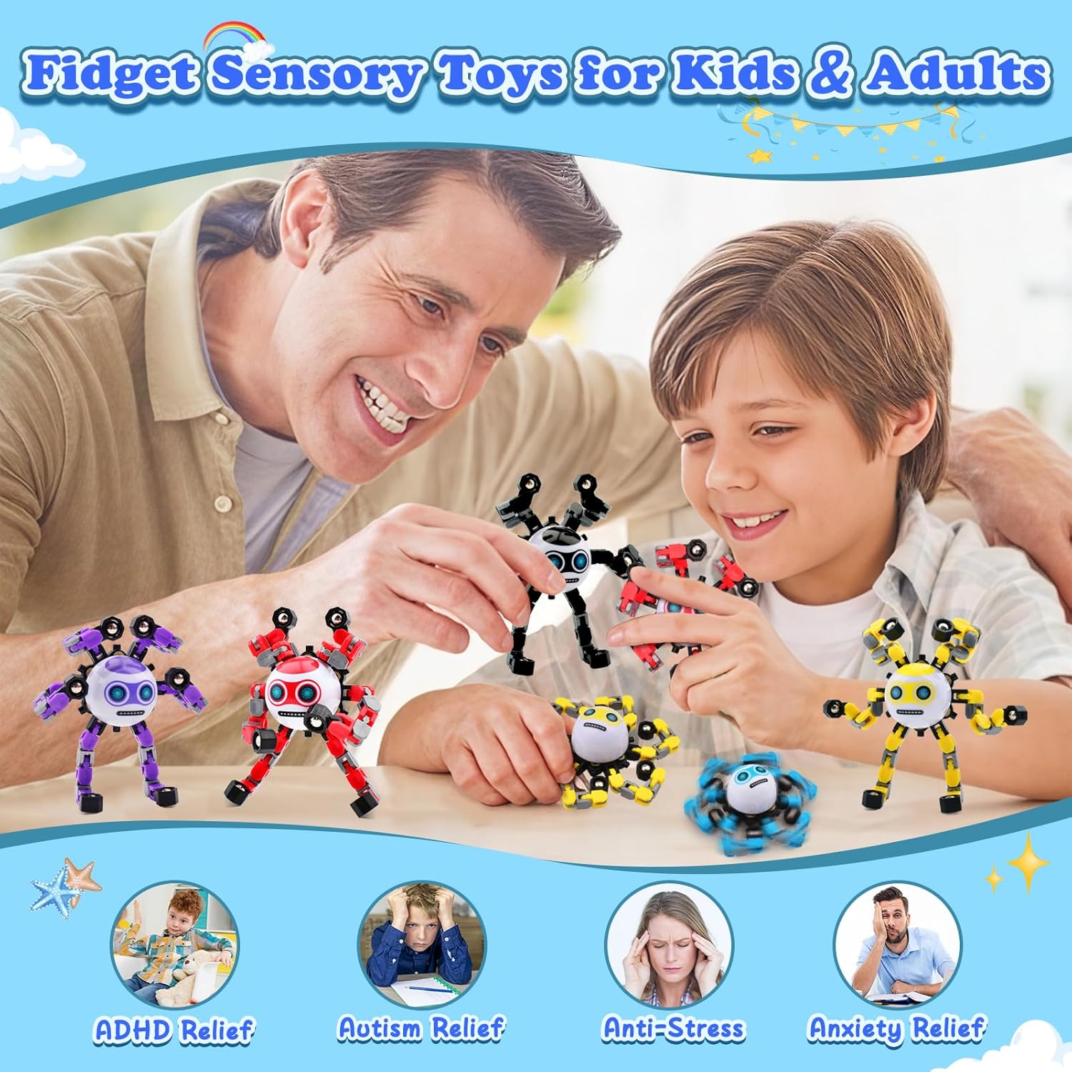 2 PCS Transformable Fidget Spinners Toys for Kids and Adults Stress Relief Sensory Toy for Teens Boys Autism Cool Fingertip Gyros Boy Girl Travel Party Favors Birthdays Gifts Stocking Stuffer