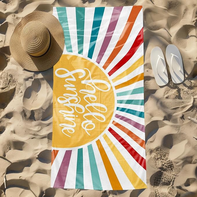 Colorful Boho Sunshine Kids Beach Towel, Boho Sun Sunrise Pool Towels, Hello My Sunshine Large Beach Bath Travel Towels for Women Girls, Sunrise Sun Bathroom Nursery Accessories Decor,30x60in