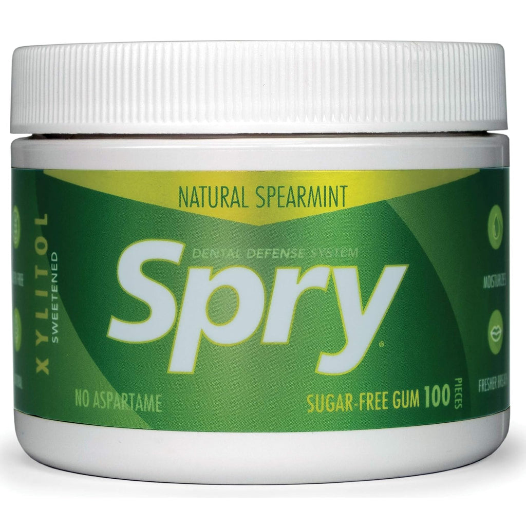 Spry Fresh Natural Xylitol Chewing Gum Dental Defense System - Aspartame-Free, Sugar-Free, Non-GMO, Gluten-Free (Spearmint, 100 Count - Pack of 1)