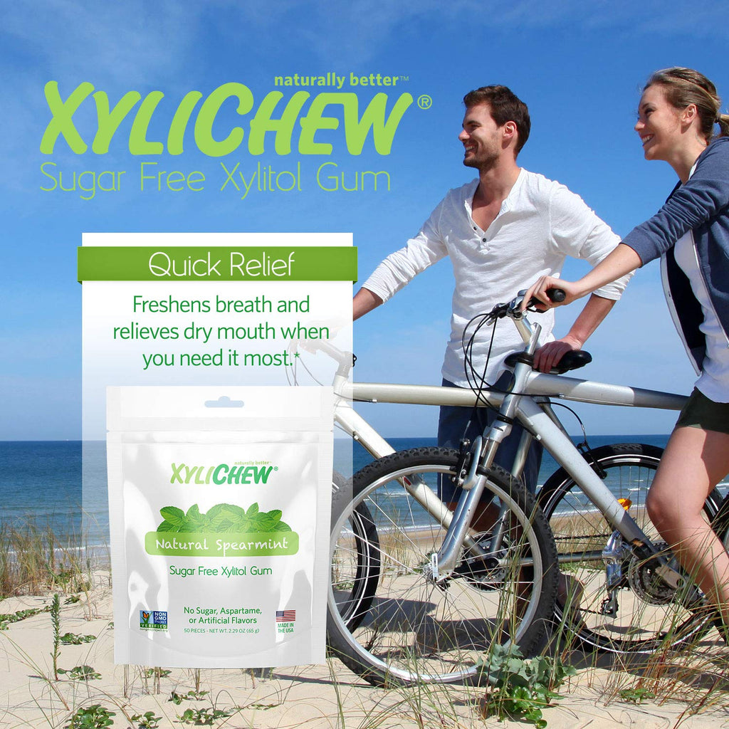 Xylichew 100% Xylitol Chewing Gum - Non GMO, Non Aspartame, Gluten Free, and Sugar Free Gum - Natural Oral Care, Relieves Bad Breath and Dry Mouth - Spearmint, 50 Count