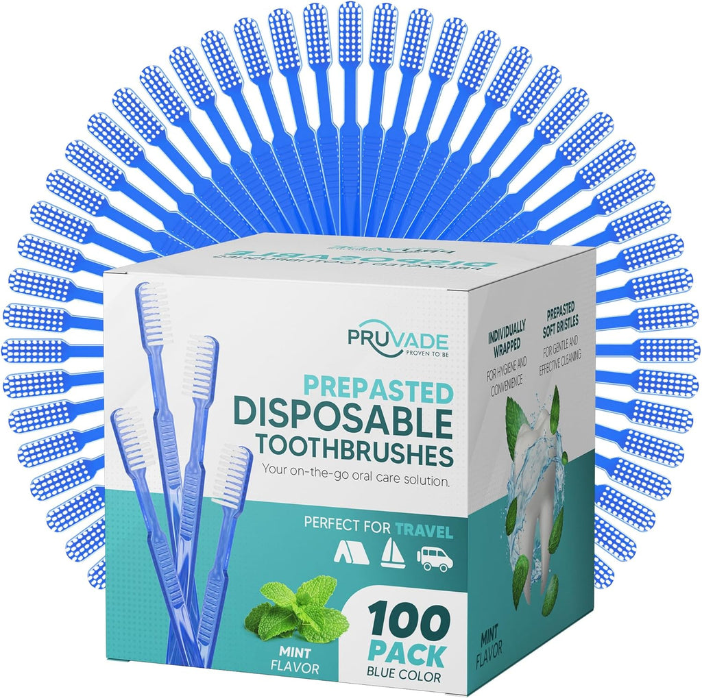 100 Pack Disposable Toothbrushes with Toothpaste Built In | Mint Prepasted Toothbrushes Individually Wrapped - Blue Single Use Waterless Toothbrush with Soft Bristles for Work, Camping, Travel