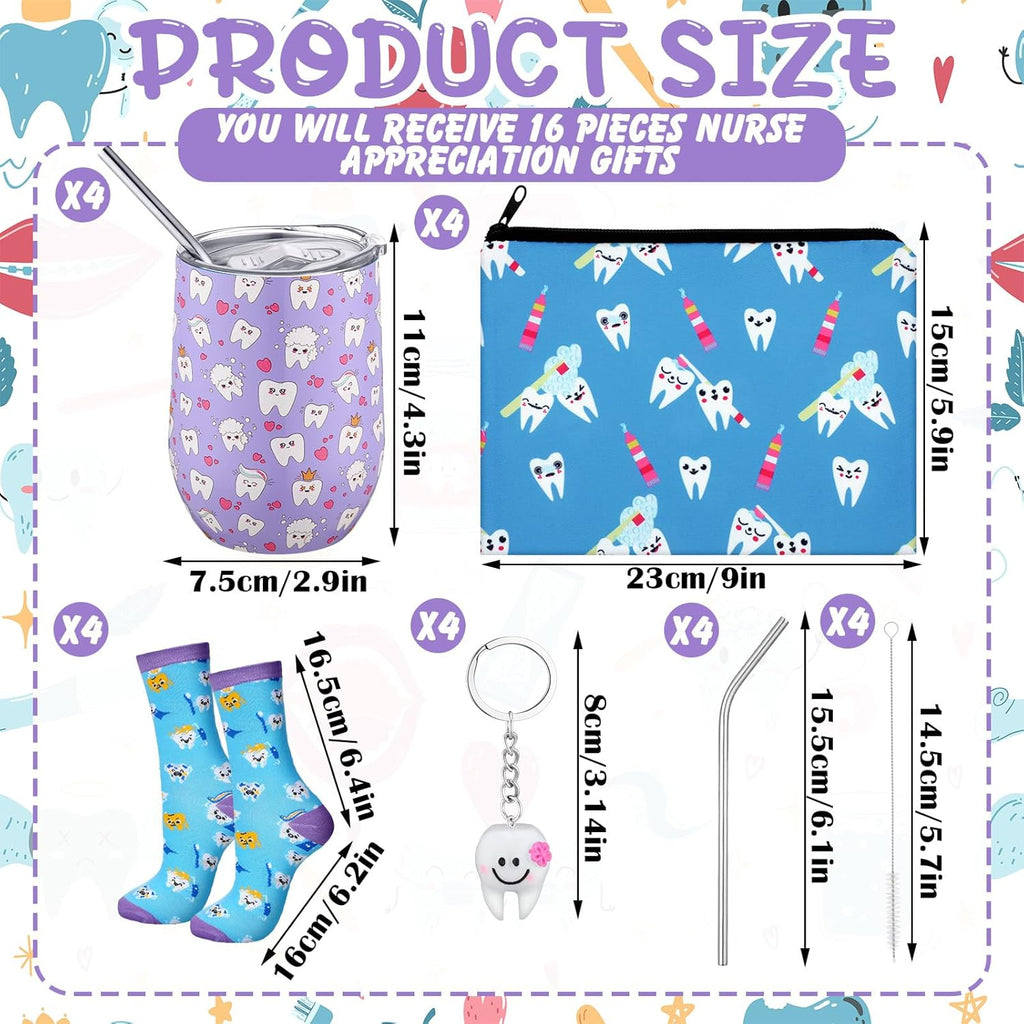 16 Pcs Dental Hygienist Gifts Bulk Include12 oz Teeth Stainless Steel Tumbler Cosmetic Bag Tooth Shape Keychain Tooth Socks Dental Assistant Gifts for Nurse Graduation Accessories