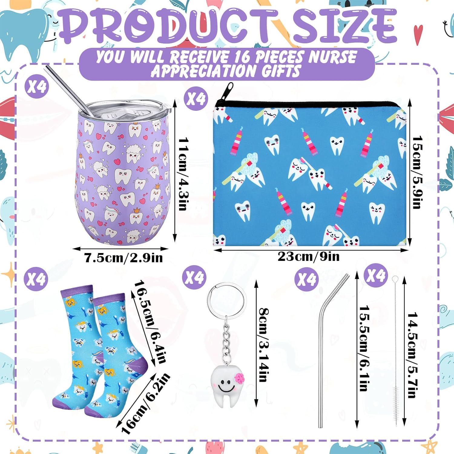 16 Pcs Dental Hygienist Gifts Bulk Include12 oz Teeth Stainless Steel Tumbler Cosmetic Bag Tooth Shape Keychain Tooth Socks Dental Assistant Gifts for Nurse Graduation Accessories