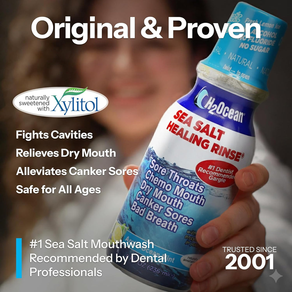 H2Ocean Healing Rinse Natural Sea Salt Oral Care - Mouth Rinse for Oral Care - Great for Piercings, Sore Throats & Gum Health - Alcohol- & Fluoride-Free Mouthwash - Arctic Ocean Mint, 16 oz