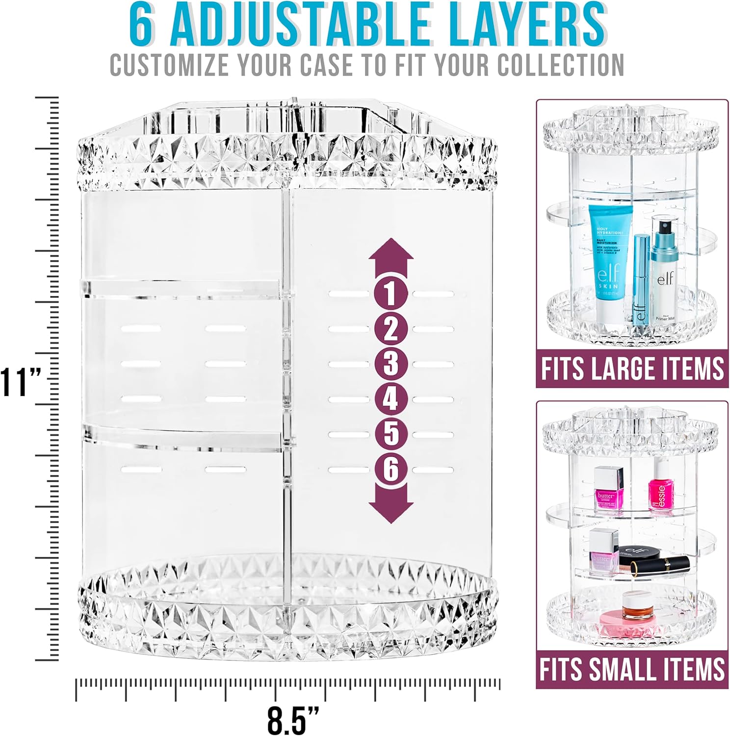 Sorbus 360 Rotating Makeup Organizer - Spinning cosmetics organizer, Adjustable Shelves for Make Up, Perfume & Toiletries - Acrylic Makeup Organizer for Vanity, Bathroom, Bedroom, Closet [Clear]
