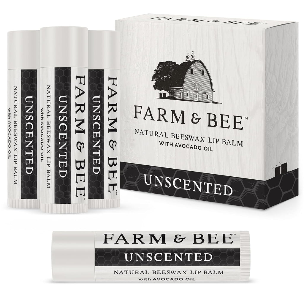 Natural Lip Balm - Organic & Natural Ingredients - Beeswax Based Moisturizing Lip Care Chapstick for Chapped Lips - Great Gift Idea - Farm & Bee - 0.15oz (Pack of 4 - Unscented)