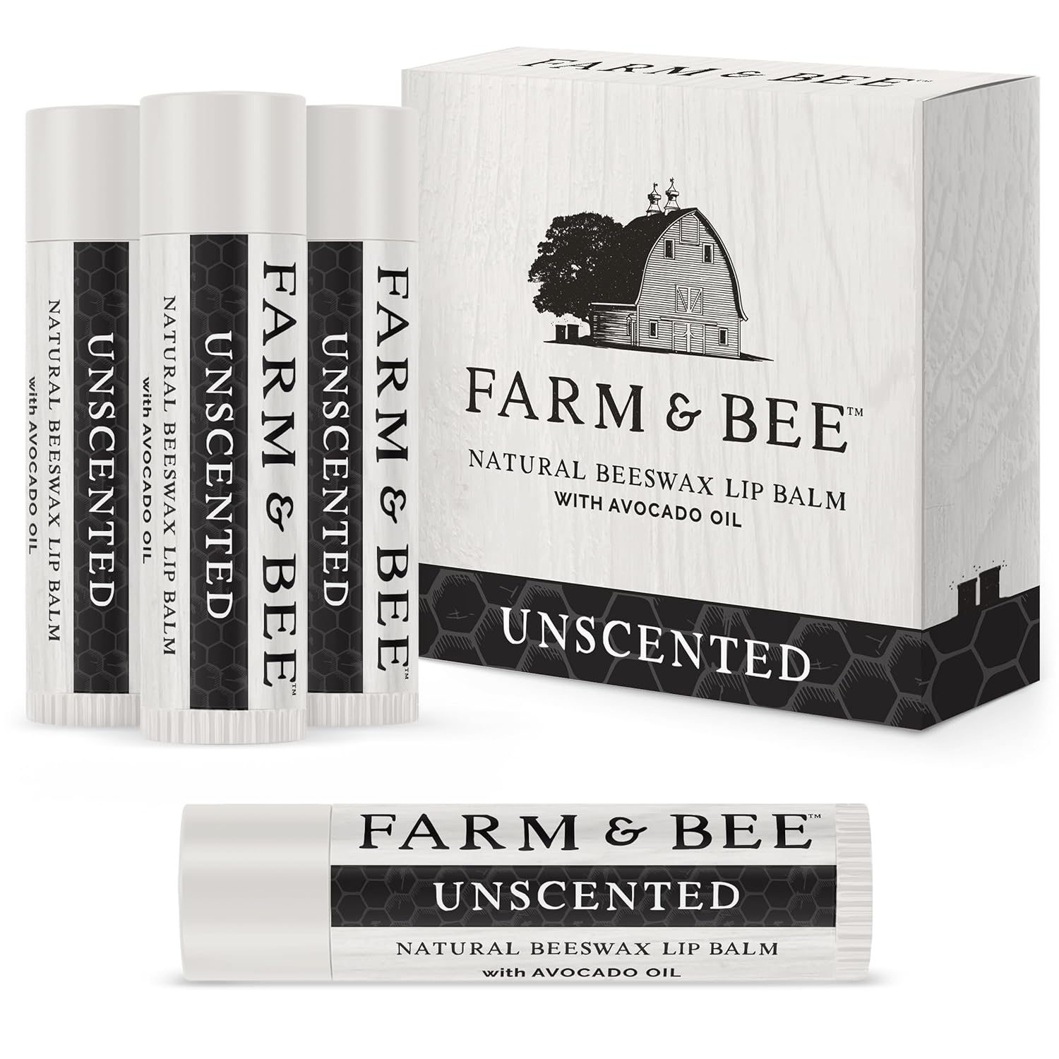 Natural Lip Balm - Organic & Natural Ingredients - Beeswax Based Moisturizing Lip Care Chapstick for Chapped Lips - Great Gift Idea - Farm & Bee - 0.15oz (Pack of 4 - Unscented)