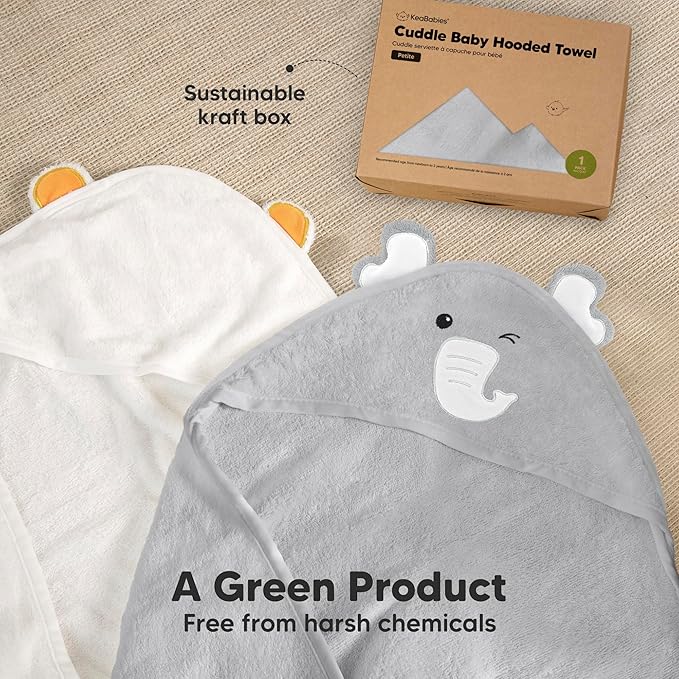KeaBabies Hooded Baby Towel for Newborn - Viscose Derived from Bamboo Large Baby Bath Towels with Hood for Boys, Girls, Toddler, Extra Absorbent & Soft Newborn Bath Essentials (Elephant, Petite)