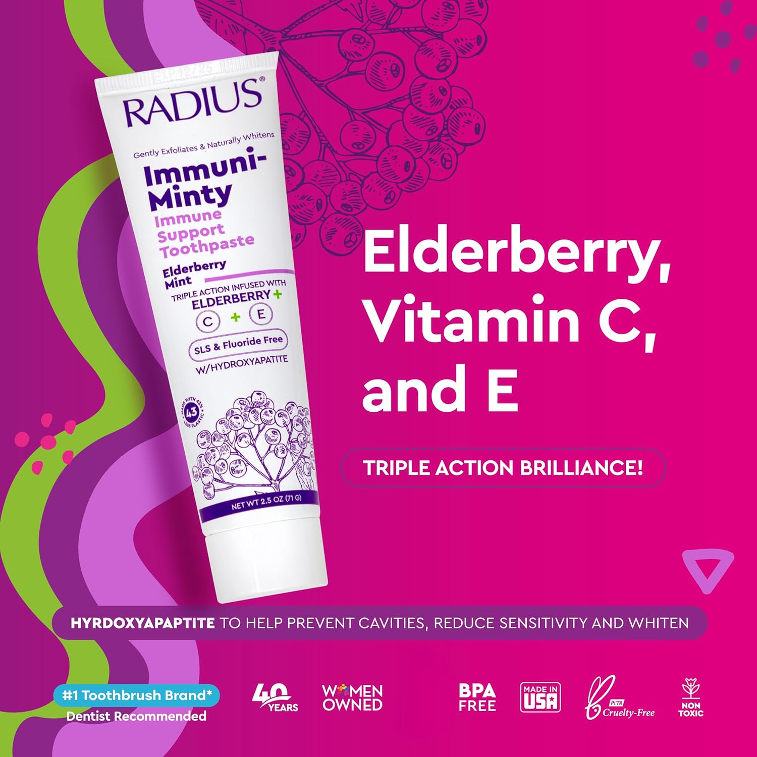 RADIUS ImmuniMinty Immune Support Toothpaste 2.5 Oz - Elderberry Mint - Pack of 3