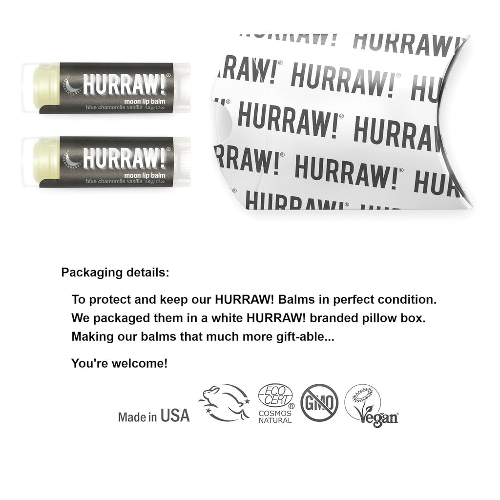 Hurraw! Moon Night Treatment (Blue Chamomile, Vanilla) Lip Balm, 2 Pack: Organic, Certified Vegan, Cruelty and Gluten Free. Non-GMO, 100% Natural Ingredients. Bee, Shea, Soy and Palm Free. Made in USA