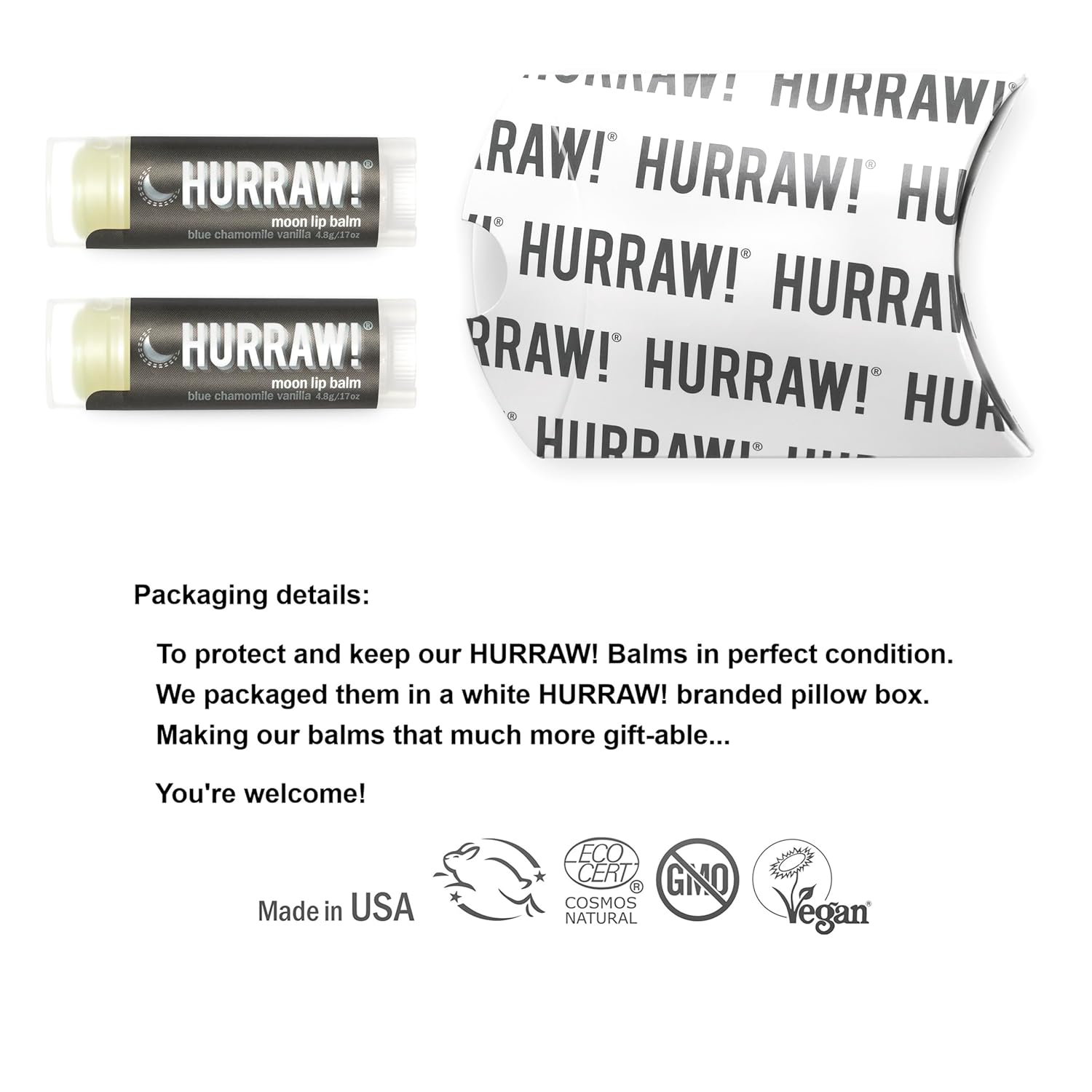 Hurraw! Moon Night Treatment (Blue Chamomile, Vanilla) Lip Balm, 2 Pack: Organic, Certified Vegan, Cruelty and Gluten Free. Non-GMO, 100% Natural Ingredients. Bee, Shea, Soy and Palm Free. Made in USA