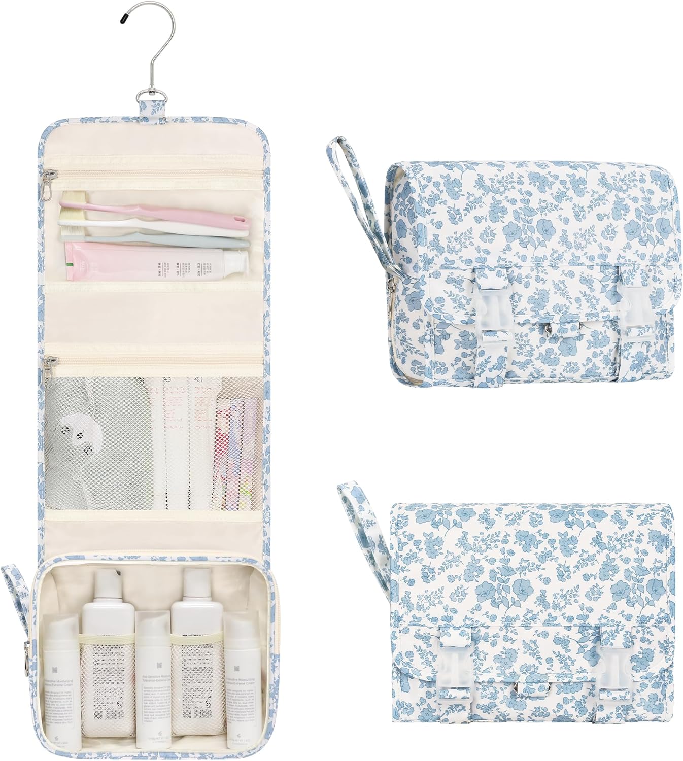Relavel Small Hanging Toiletry Bag for Men and Women, Portable Hanging Organizer for Travel-Sized Shower Dopp Kit, Waterproof Toiletries Organizer with 3 Compartments for Outdoor - Blue Flower