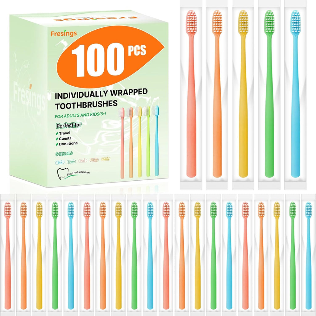 100 Pack Disposable Toothbrushes Bulk – Individually Wrapped Soft Bristles Single Use for Adults & Kids, Travel Hotel Guest Dental Office Donation Emergency Hygiene,Minimalist Design 5 Colors