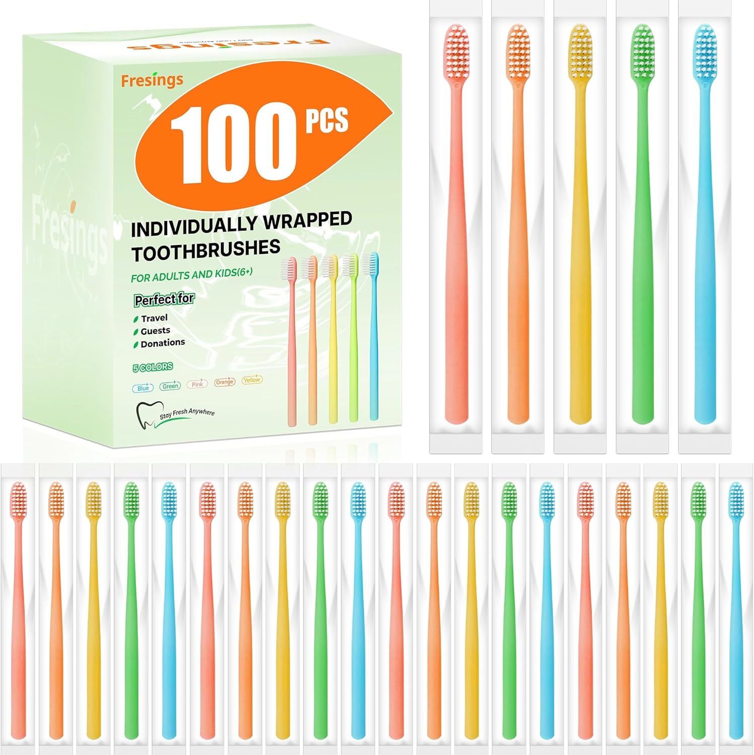 100 Pack Disposable Toothbrushes Bulk – Individually Wrapped Soft Bristles Single Use for Adults & Kids, Travel Hotel Guest Dental Office Donation Emergency Hygiene,Minimalist Design 5 Colors